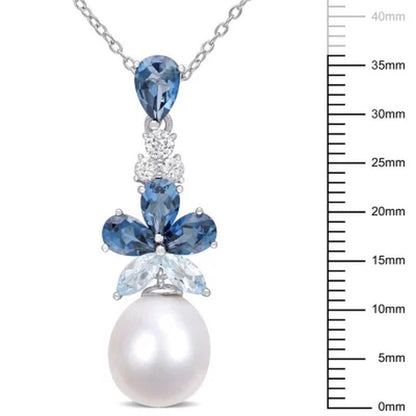 9.5-10 MM White Freshwater Cultured Pearl London-Blue Topaz Sky-Blue Topaz and W