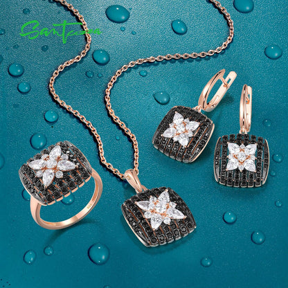 925 Sterling Silver Jewelry Set for Women Sparkling Black Spinel White CZ
