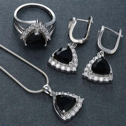 Fashion Women Black Onyx Soild Natural Diamond Ring Earrings Necklace Bridal Jew
