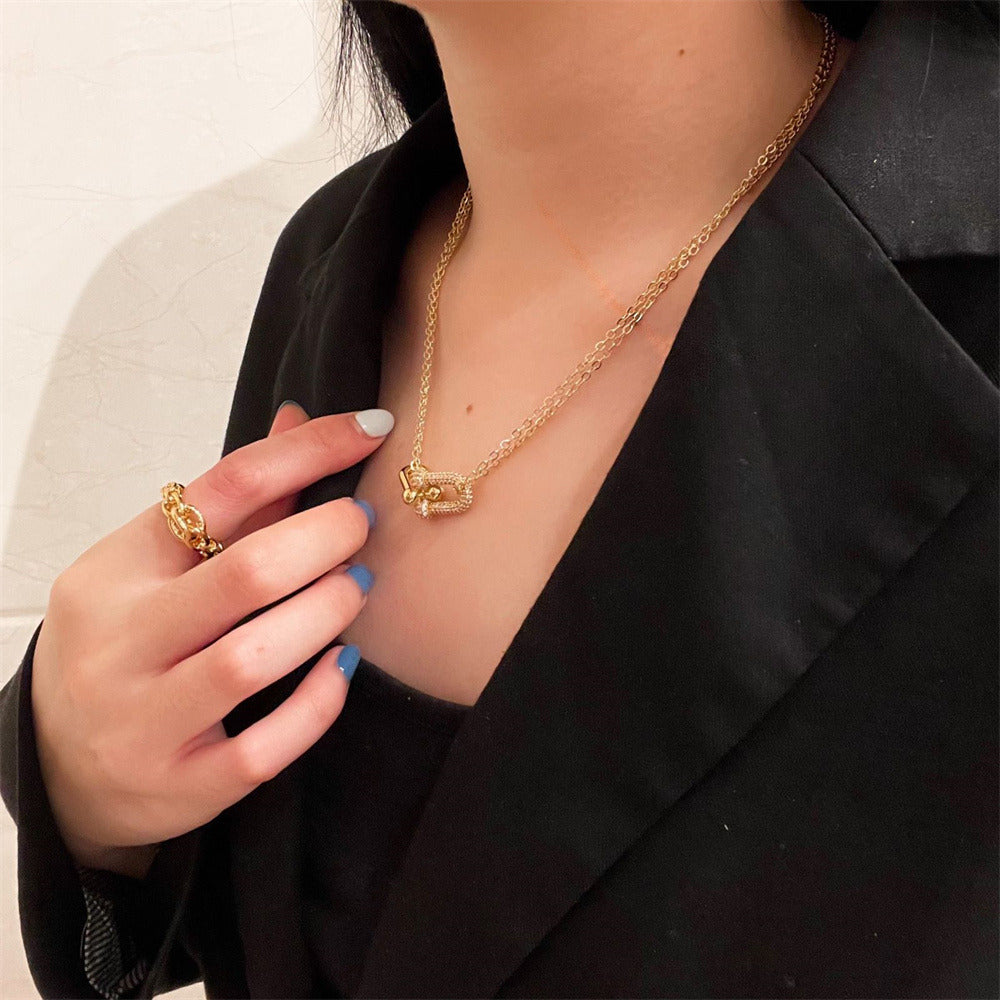U-Shaped Horseshoe Buckle Gold Plated Diamond Necklace