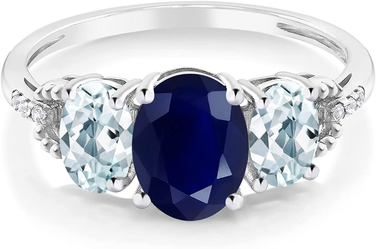 10K White Gold Oval Blue Sapphire Sky Blue Aquamarine and Diamond Accent 3-Stone