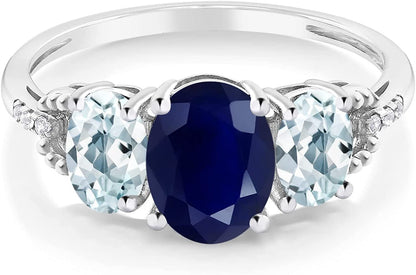 10K White Gold Oval Blue Sapphire Sky Blue Aquamarine and Diamond Accent 3-Stone