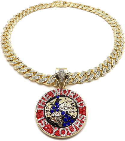 Hip Hop the World Is Yours Pendant & 12Mm 18" Full Iced Box Lock Cuban Chain Nec