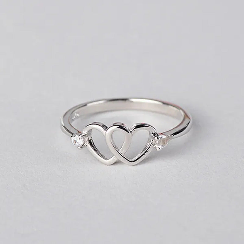 Cute 925 Sterling Silver Double Heart Shaped Hollow Diamond Ring Wedding Engagme