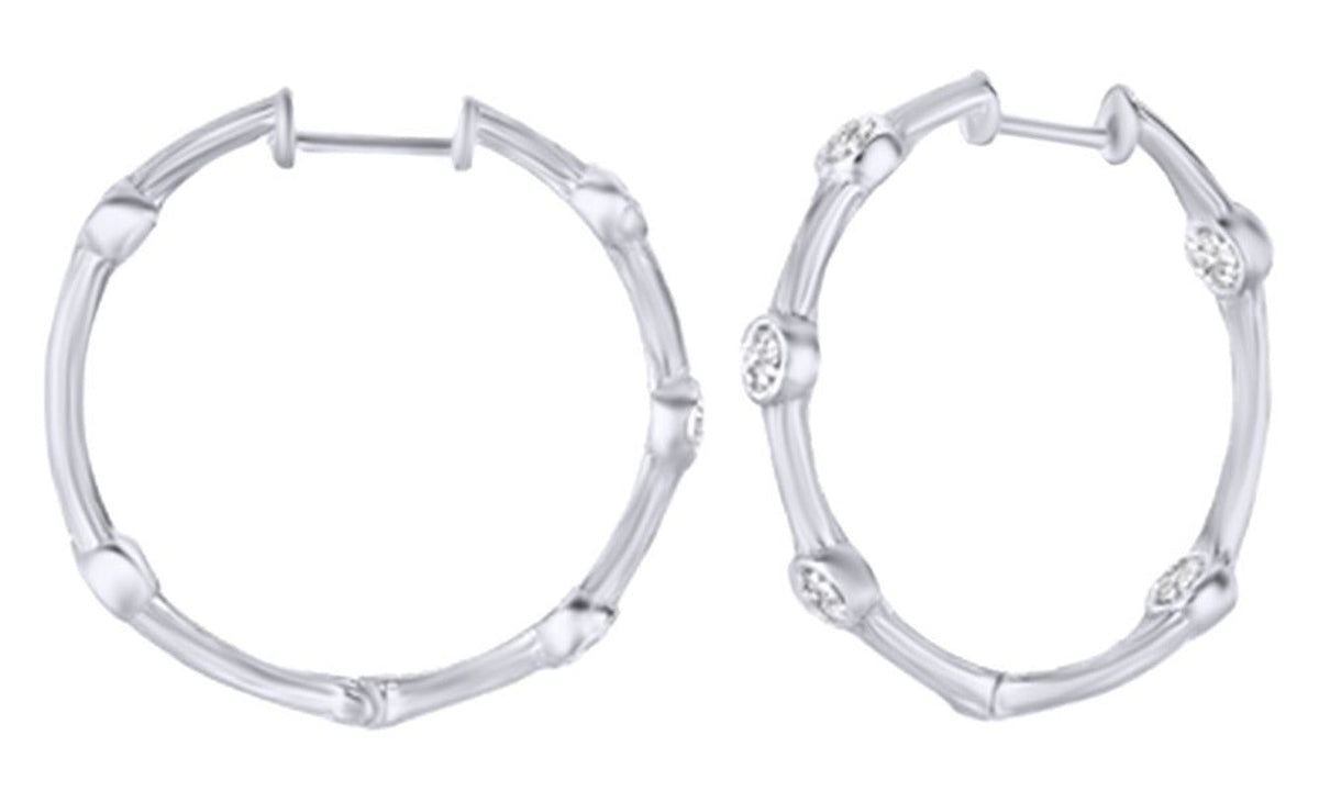 Round Cut White Natural Diamond Inside-Out Hammered Hoop Earrings in 14K Solid W