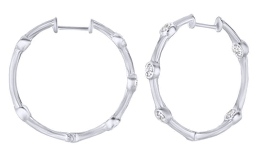 Round Cut White Natural Diamond Inside-Out Hammered Hoop Earrings in 14K Solid W