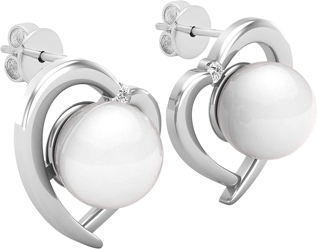 8 MM Each round White Freshwater Pearl & White Diamond Ladies Heart Stud Earring