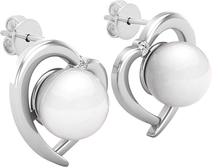 8 MM Each round White Freshwater Pearl & White Diamond Ladies Heart Stud Earring