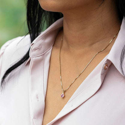 Created Pink Sapphire with Genuine Diamond Pendant in 14 Karat Yellow Gold, Hear