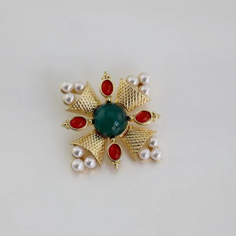 Antique Roman Engraved Baroque Byzantine Style Pearl Ruby Retro Brooches for Cor