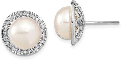 925 Sterling Silver 11Mm Button Freshwater Cultured Pearl Cubic Zirconia Cz Post