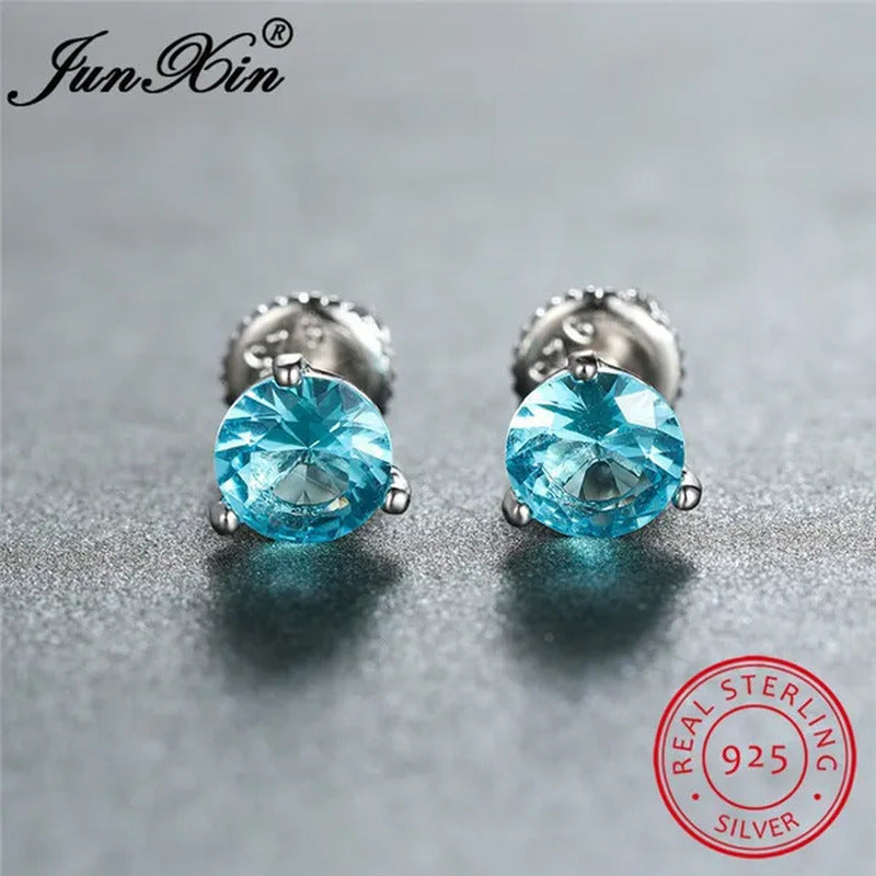 8MM 925 Silver/14K Gold/Rose Gold round Cut Light Aqua Blue Aquamarine Stud Earr