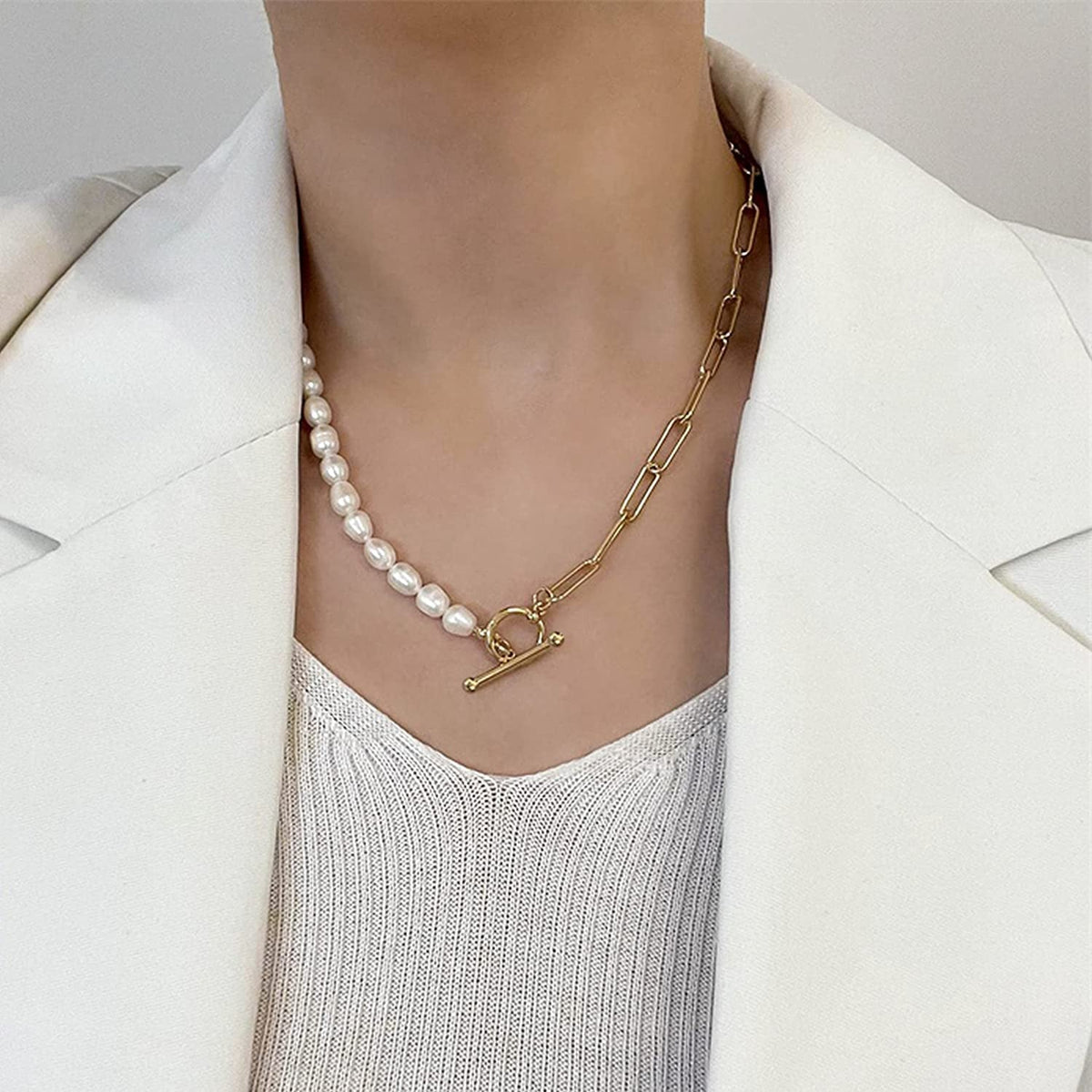 Cowlyn Paper Clip Pearl Necklace Vintage Chunky Link Chain Baroque Cultured Pear