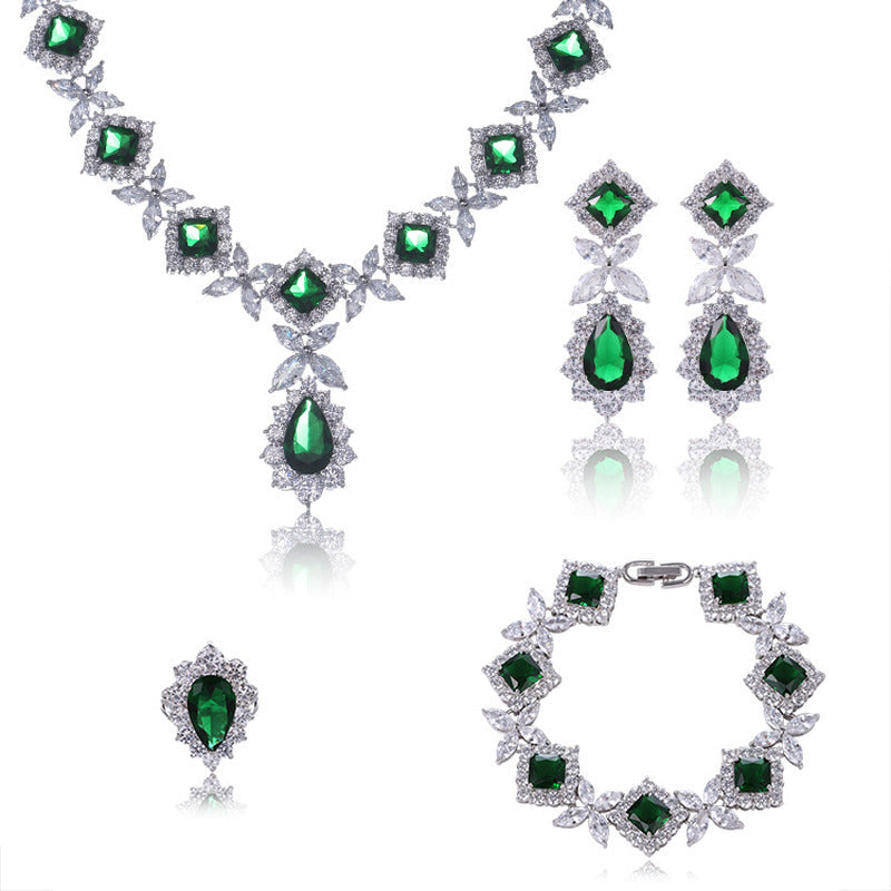 Exaggerated Water Drop Zircon Necklace Earrings Bracelet Ring Four-Piece Set