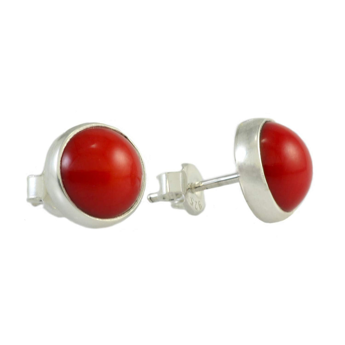 Sterling Silver 925 round Stone Handmade Stud Earrings for Women (Red Coral - 9.