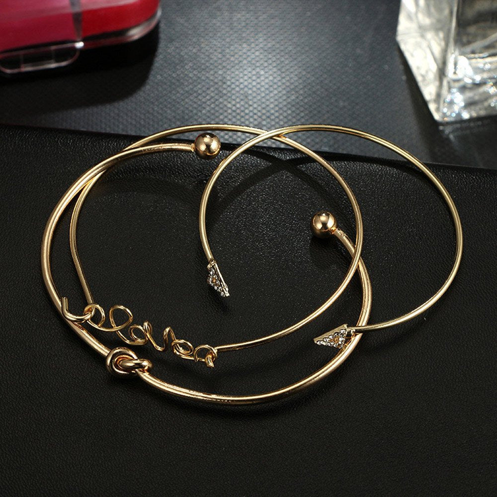 4PC Knot Love Gold Opening Vintage Beautiful Leaf Arrow Bangle Cuff Bracelets Se