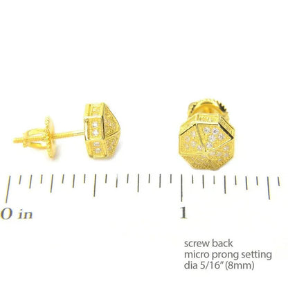 Iced Mirco Pave Lab Diamond CZ Setting Earring Mens Bling Silver Plated Octagon
