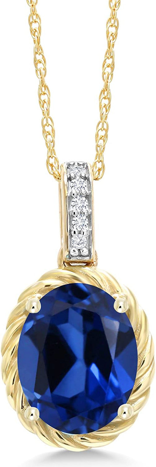 10K Yellow Gold Blue Created Sapphire and White Diamond Pendant Necklace for Wom
