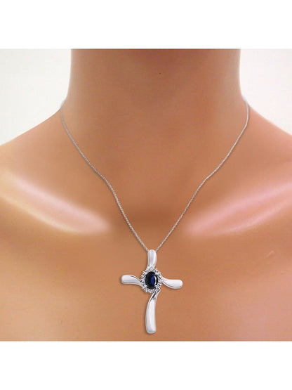 Diamond & Sapphire Cross Pendant Necklace Set in Set in 14K White Gold with 18"