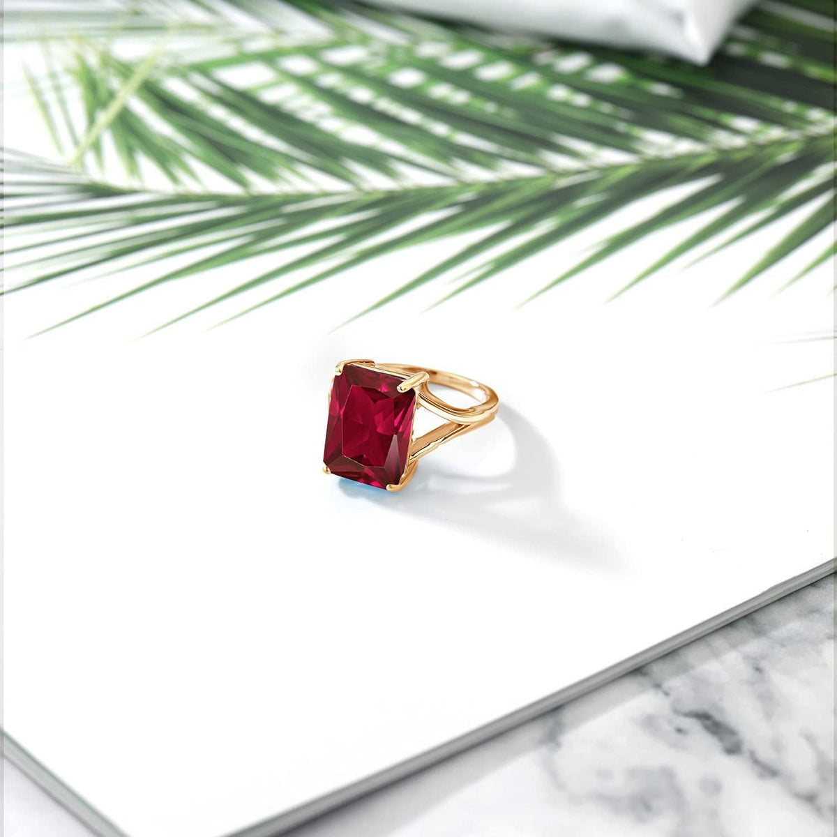18K Yellow Gold Plated Silver Emerald Cut Created Ruby Solitaire Ring for Women
