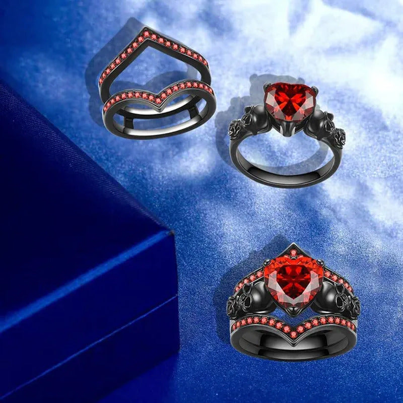 Gothic Skull Black s Set Women Rose Flower Red Purple Heart Love Zircon Crystal
