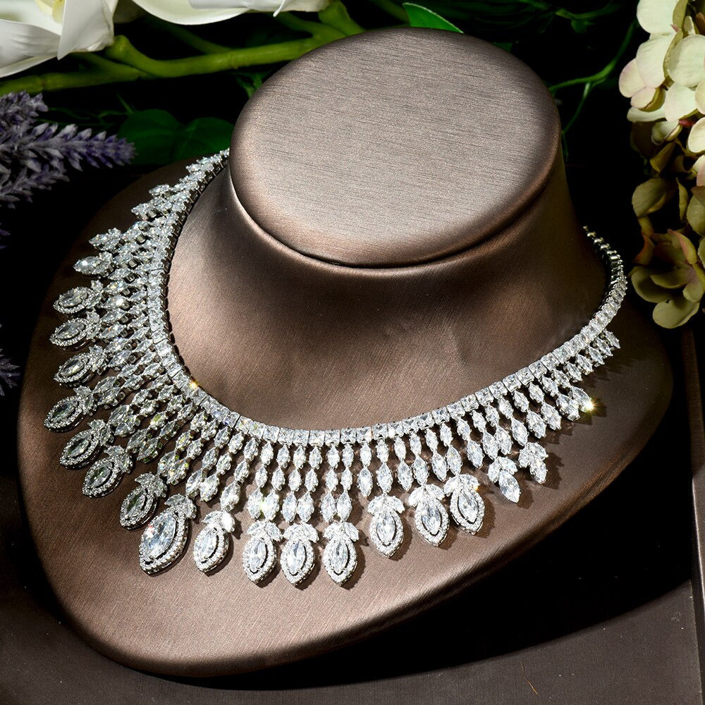 Luxury White Gold Color AAA Cubic Zircon Statement Jewelry Sets Earring