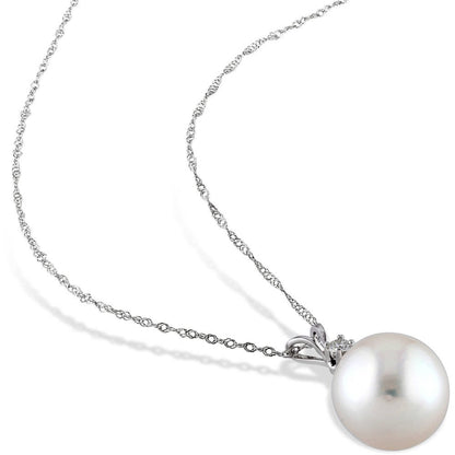 9-10Mm White round South Sea Pearl and Diamond-Accent 14Kt White Gold Fashion Pe