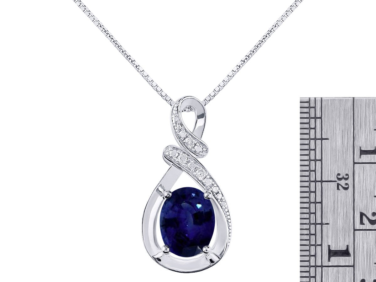 Diamond & Blue Sapphire Pendant Necklace in 14K White Gold with 18" Gold Chain -