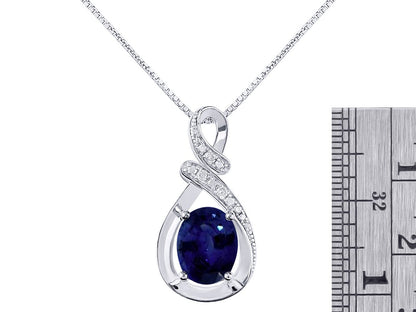 Diamond & Blue Sapphire Pendant Necklace in 14K White Gold with 18" Gold Chain -
