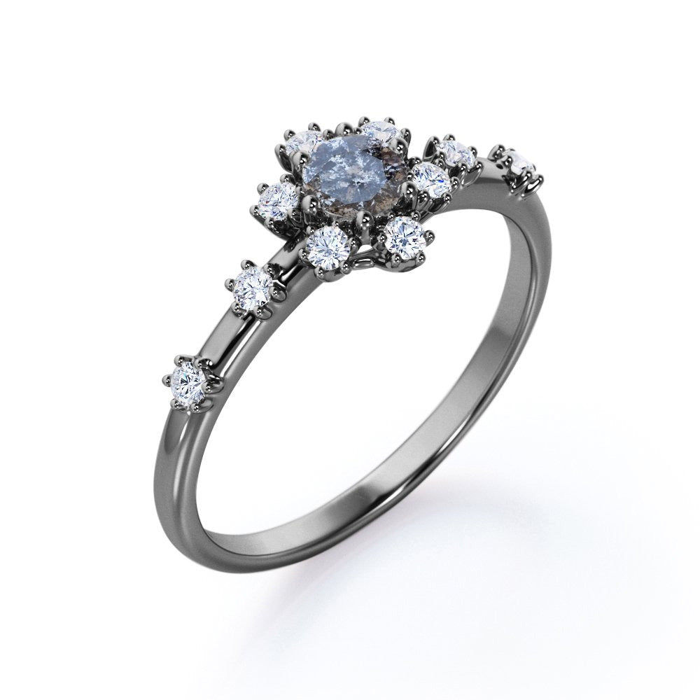 7 Stone Cluster - 0.58 Carat round Shaped Salt and Pepper Diamond with Moissanit
