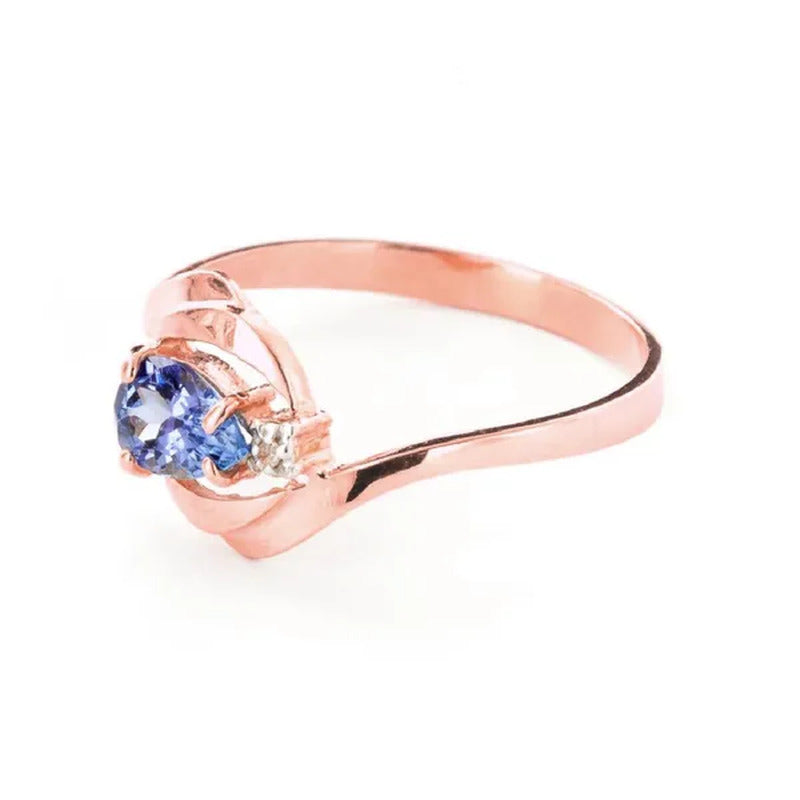 14K Solid Rose Gold Ring with Natural Diamond and Pear-Shaped Tanzanite