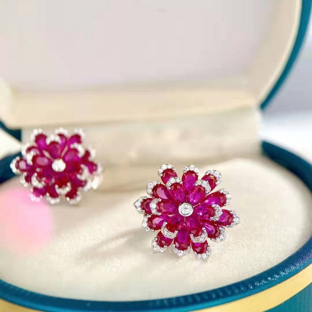 Luxury 100% 925 Sterling Silver Ruby High Carbon Diamonds Gemstone Flower Ear