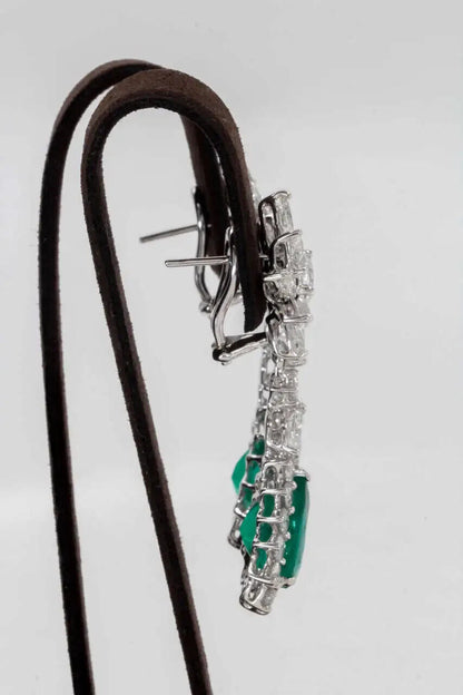 Elegant Green Emerald Diamond Platinum Cluster Drop Earrings