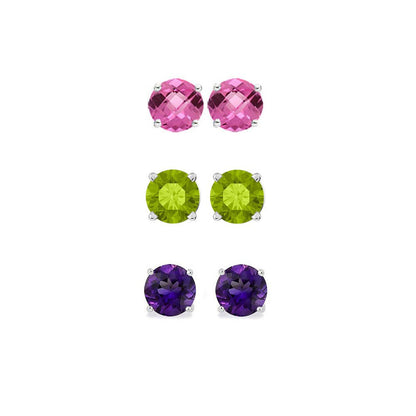 18K White Gold 1/2Ct Created Pink Sapphire, Peridot and Amethyst 3 Pair round St