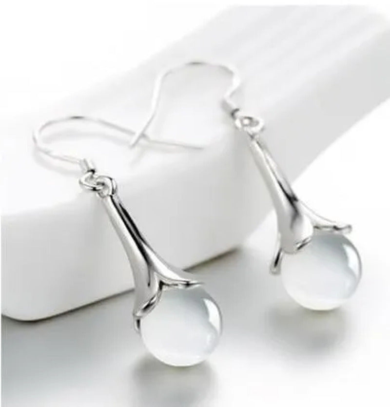 NEW ARRIVAL 925 Sterling Silver Long Earring Simple round Moonstone Dashing Woma