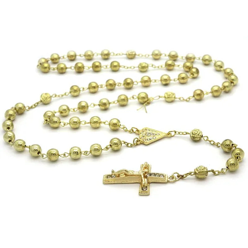 HOT Mens Hip Hop 8Mm GOLD Beads 14Kt Diamond-Shape Rosary & Jesus Cross Necklace