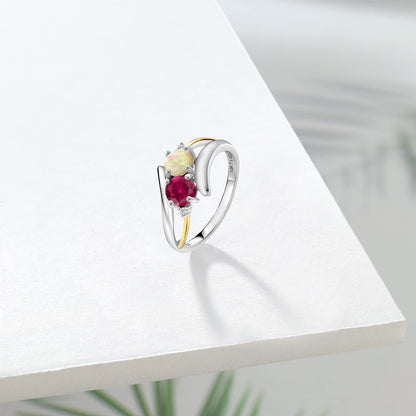 925 Sterling Silver and 10K Yellow Gold round Cabochon White Ethiopian Opal Red