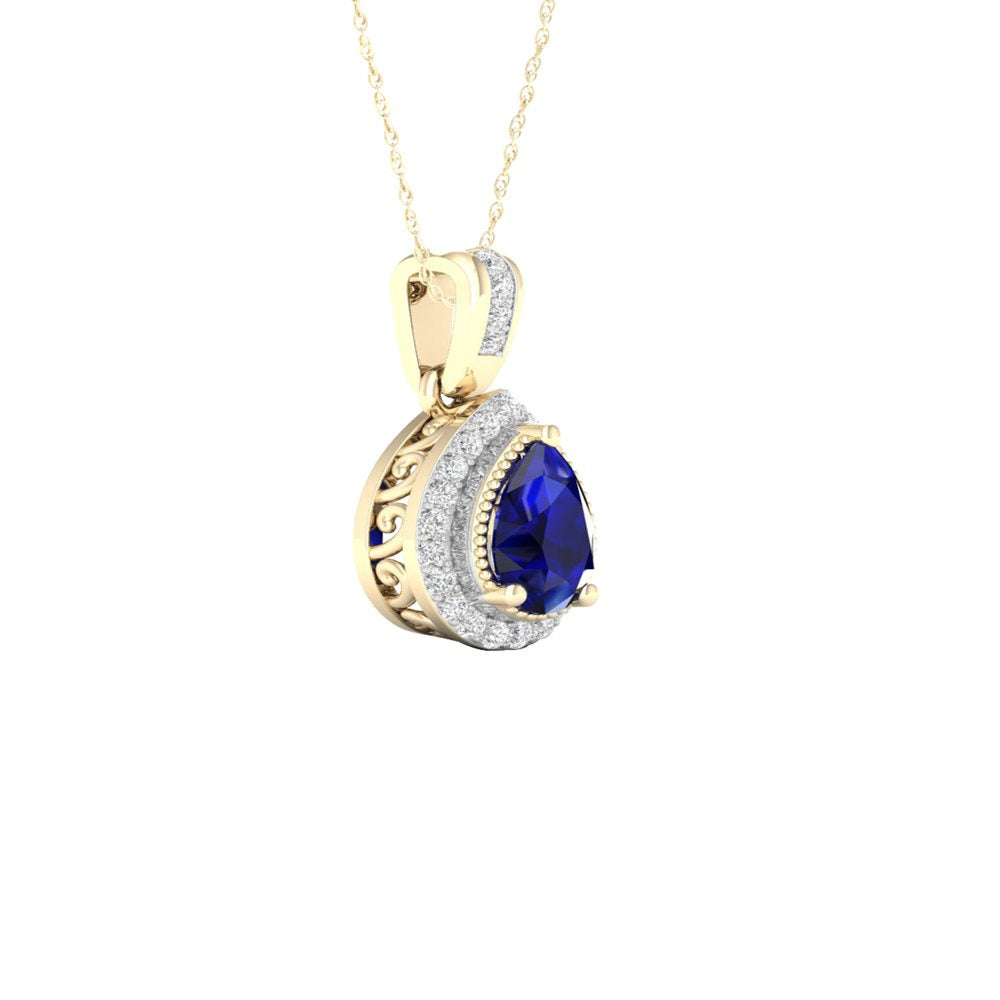 Imperial Gemstone 10K Yellow Gold Blue Sapphire 1/10 CT TW Diamond Halo Necklace
