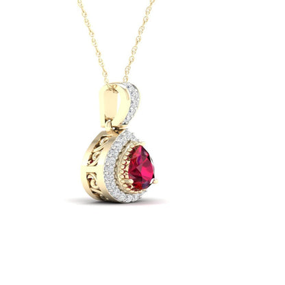 Imperial Gemstone 10K Yellow Gold Pear Cut Ruby 1/20 CT TW Diamond Halo Pendant