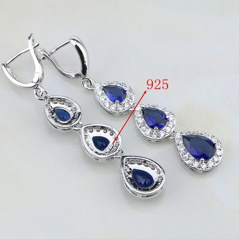 Trendy Water Drop Blue Sapphire White Topaz 925 Sterling Silver Jewelry Sets Wom