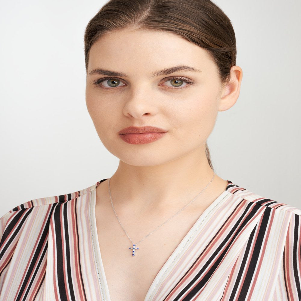 Forever Facets 1/8 CT TW Lab Grown Diamond and Created Sapphire Cross Necklace H