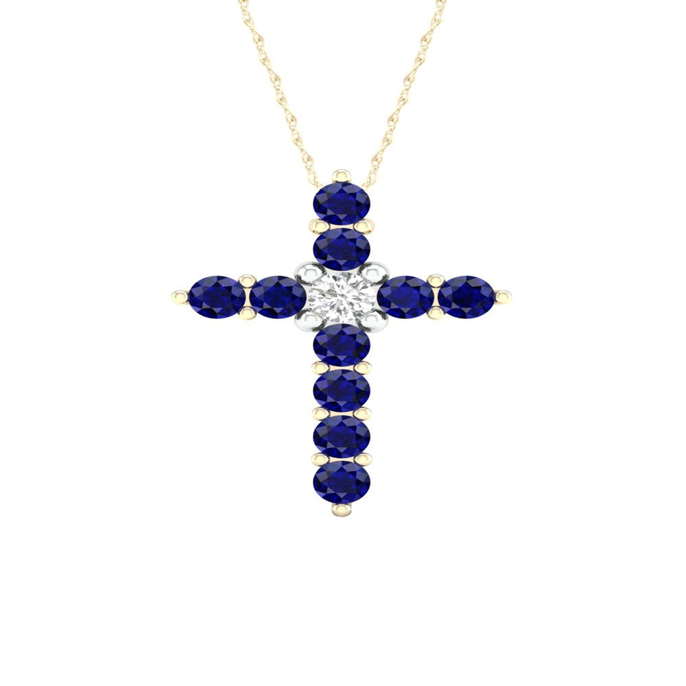 Imperial Gemstone 10K Yellow Gold Blue Sapphire 1/20 CT TW Diamond Cross Necklac