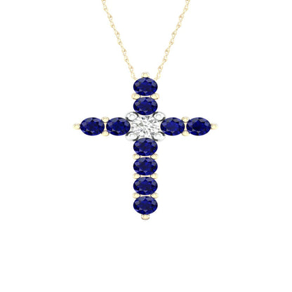 Imperial Gemstone 10K Yellow Gold Blue Sapphire 1/20 CT TW Diamond Cross Necklac