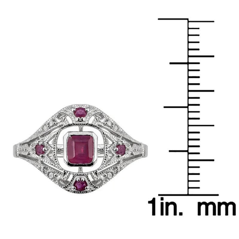 10K White Gold Vintage Style Genuine Ruby and Diamond Ring