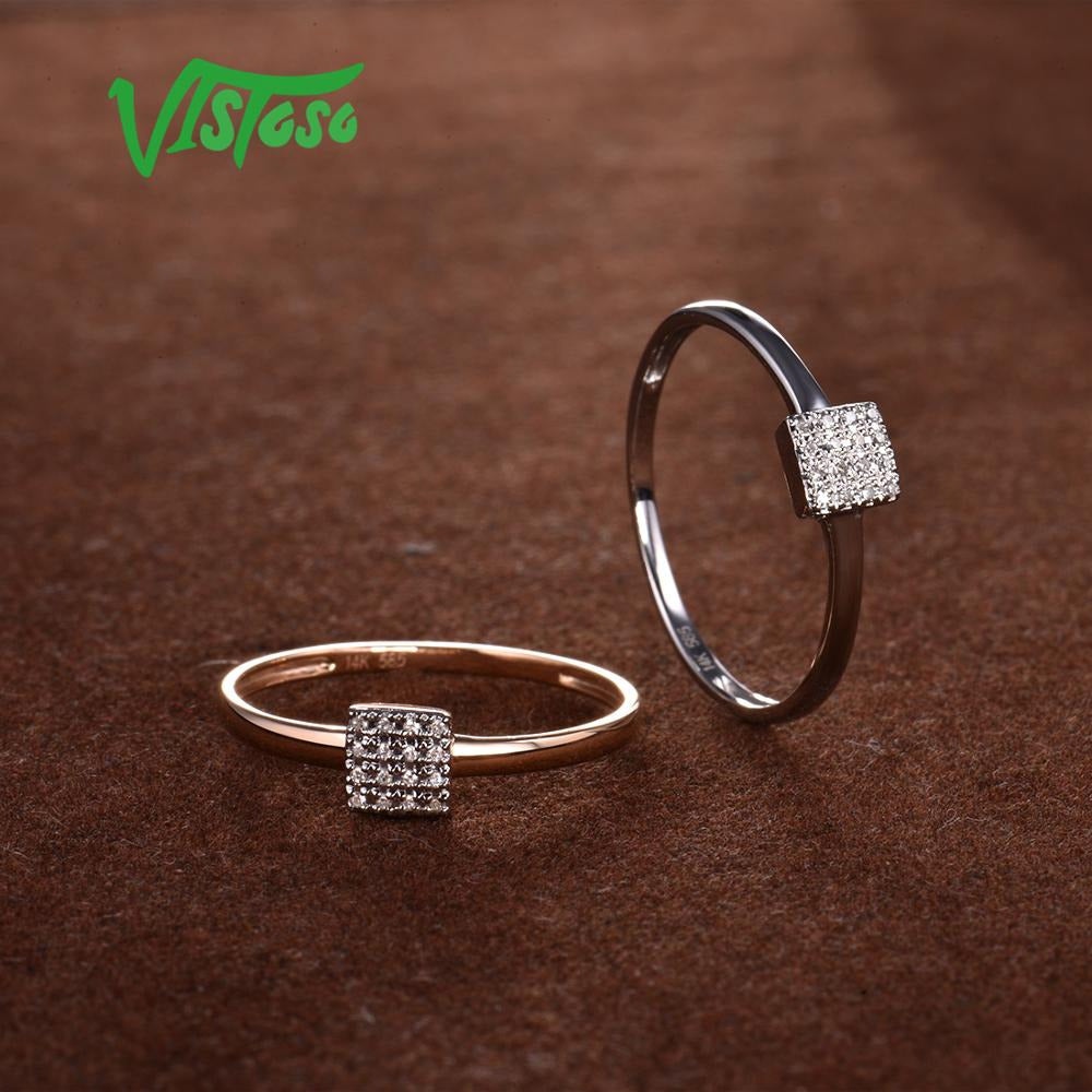 Pure 14K 585 Rose White Gold Sparkling Diamond Delicate Square Ring for Women