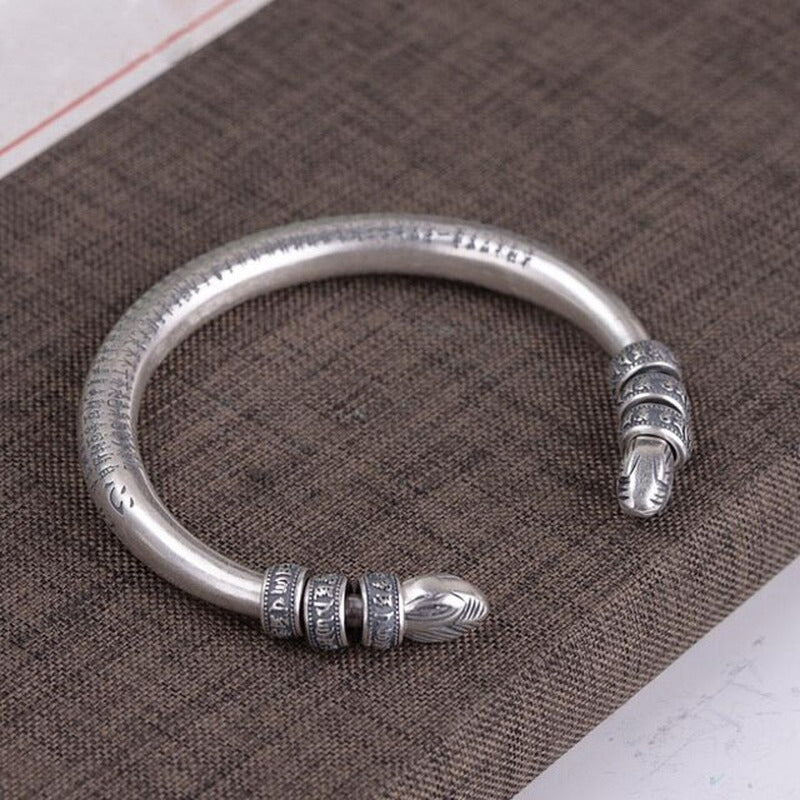 990 Sterling Silver Tibetan Six Words Mantra Bangle for Men and Women Buddhist H