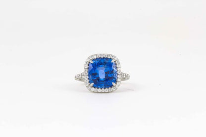 agl certified 6.58 ct sapphire cushion shape ceylon halo .52 ct round diamond