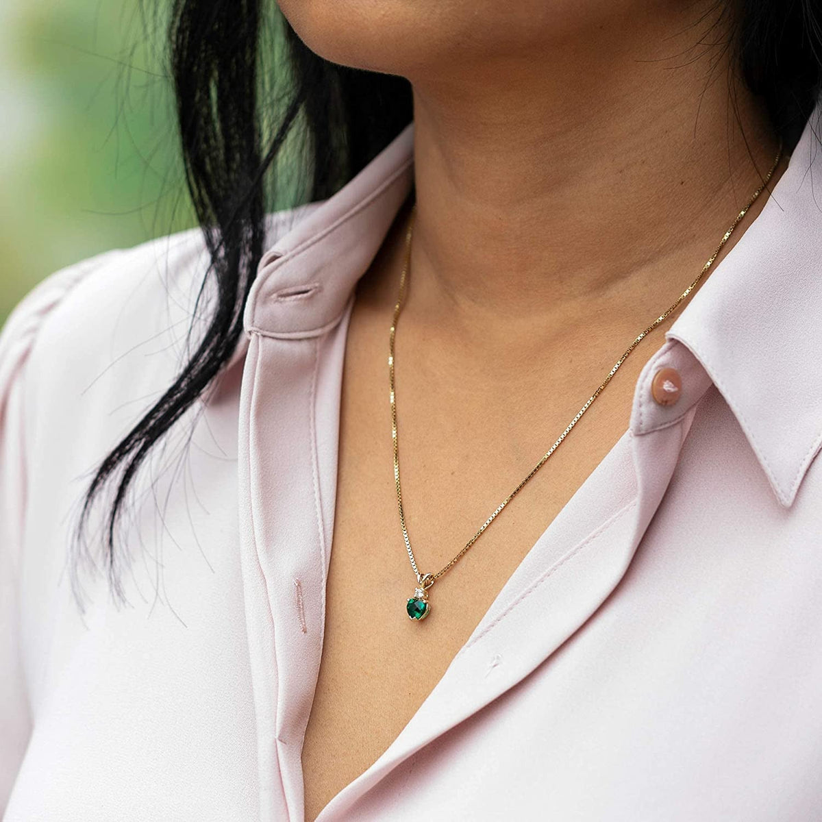 Created Emerald with Genuine Diamond Pendant in 14 Karat Yellow Gold, Heart Shap