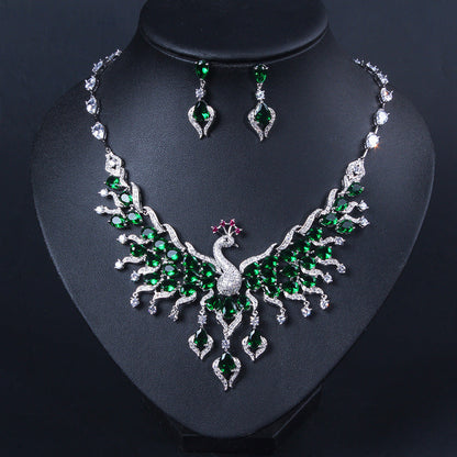 Ethnic Style Zircon Peacock Earring Set Tassel Colorful Clavicle Necklace Jewelr