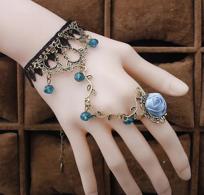 Victorian Style Black Lace Floral Rose Flower Link Chain Slave Bracelet Ring Set